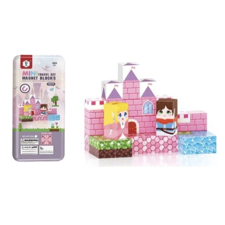Blocuri magnetice de constructie, tip Minecraft, Printese, 38 piese, roz/multicolor