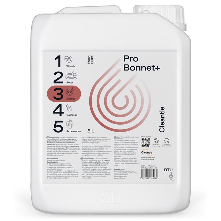 Cleantle Pro Bonnet+ 5L - produs curatare tapiserie si suprafete textile auto, neutralizeaza mirosuri
