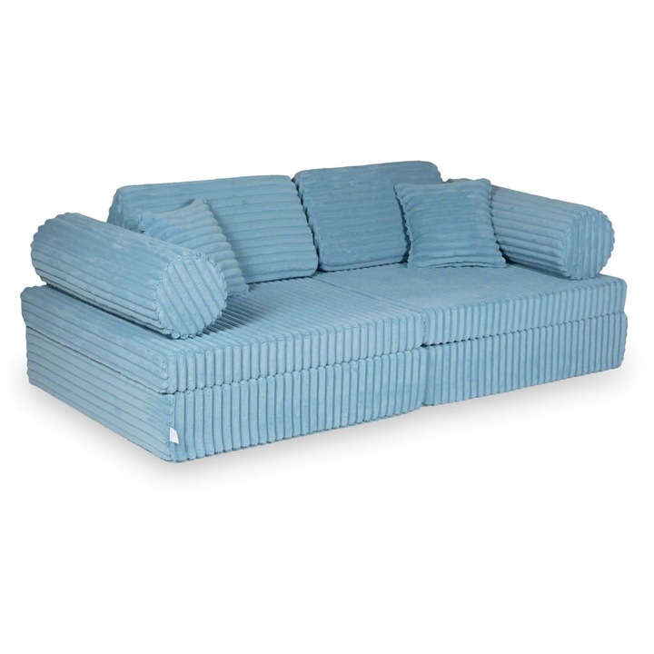 Sofa de joaca Montessori Mimii, multicolor, 2 mari saltele 83x83x17cm, 2 mici saltele 83x83x9cm, 2 triunghiuri 32x32x59cm, 2 cilindri medii fi21x68cm, 2 perne mici 33x33cm