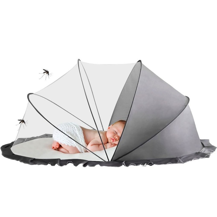 Husa Anti-Tantari pentru Protectie Bebelusi, Model Pliabil, Protectie 360°, Parasolar Integrat, 60x55x5 cm, Gri