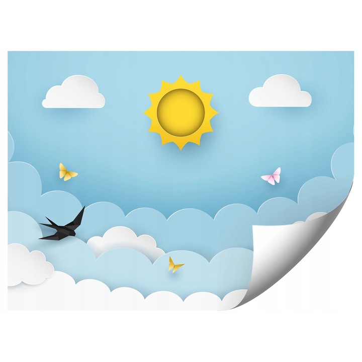 Fototapeta 3D pentru copii, Soare, nori, pasari zburatoare, 368x254cm, set cu instructiuni si lipici gratuit