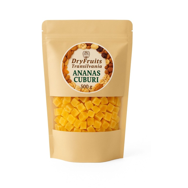 Cascaval DRY FRUITS TRANSILVANIA cuburi ananas 500g, 52% fructe, 48% zahar