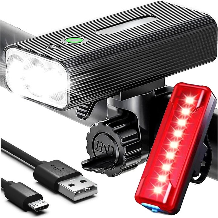 Set lampi bicicleta Alogy, LED, 3 moduri fata, 5 moduri spate, waterproof IPX5, 10x4.5x2.5cm, 8.8x2.5x2.7cm