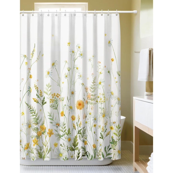 Perdea de dus groasa, opaca, usor lavabila, impermeabila 182x182cm cu12 carlige, model floral