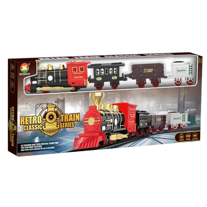 Set Tren Retro Clasic rosu−auriu−negru cu cale ferata, 3 vagoane, sunete Christmas, ZJA370852