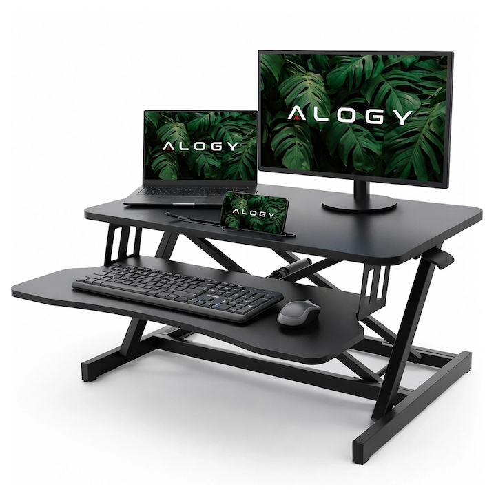 Stand pentru birou Alogy LiftDesk, 80x40cm, reglare inaltime 11-51cm, constructie stabila, suport pentru tastatura, negru