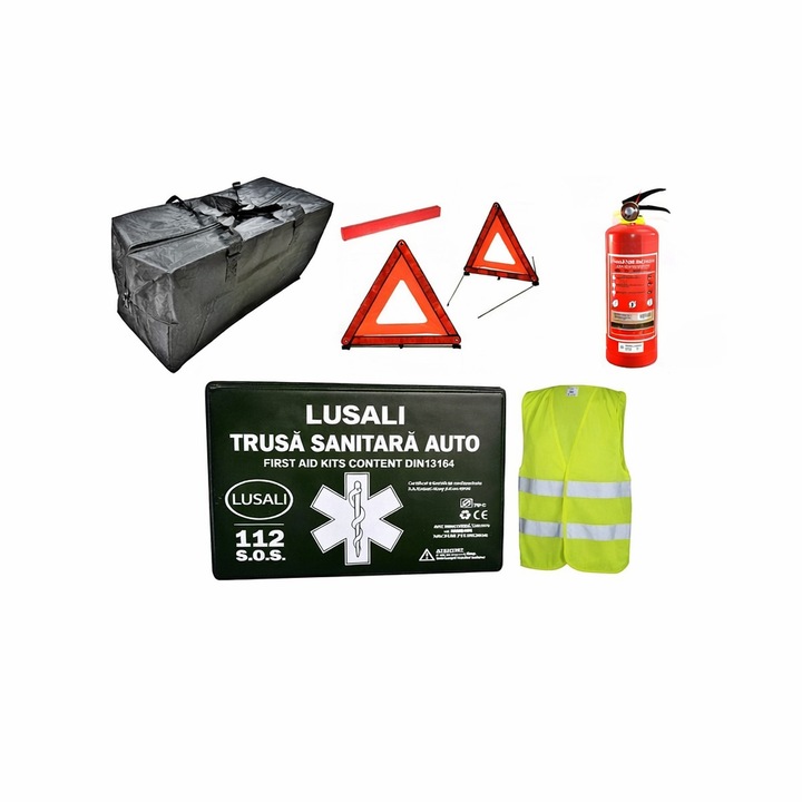 Kit siguranta auto lusali, Omologat european, Valabilitate 5 ani, 1x Trusa Prim Ajutor, 2 x Triunghiuri, 1x Stingator Reincarcabil, 1x Vesta reflectorizanta, Geanta pentru depozitare