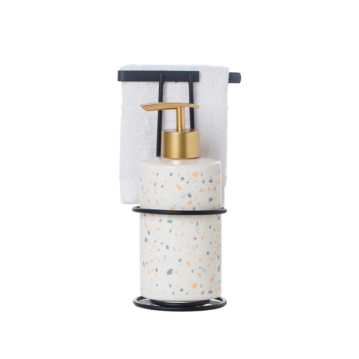Комплект дозатор за сапун Dotted от порцелан със стойка и кърпа за ръце