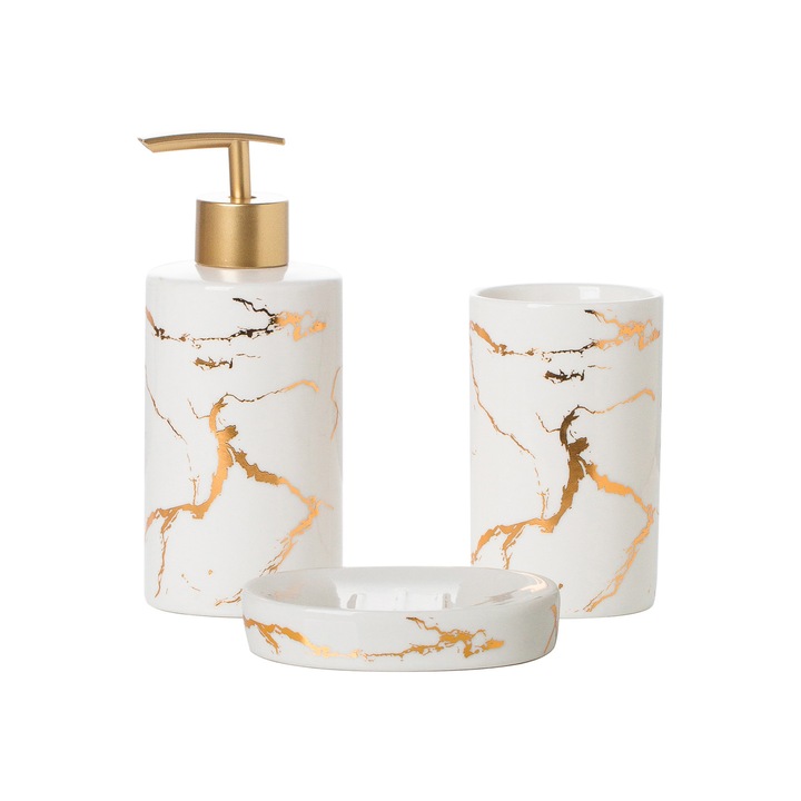 Комплект аксесоари за баня Marble 3 части – дозатор за сапун, държач за твърд сапун, чаша, порцелан със златни детайли