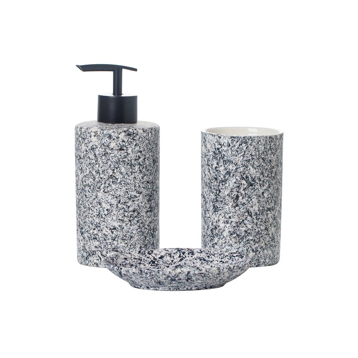 Комплект аксесоари за баня Granite 3 части от порцелан – дозатор за сапун, поставка за твърд сапун, чаша