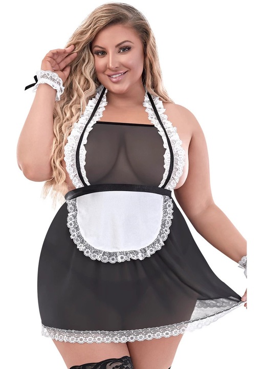Magic Silk plus size baby doll ruha, házvezetőnő, fekete/fehér