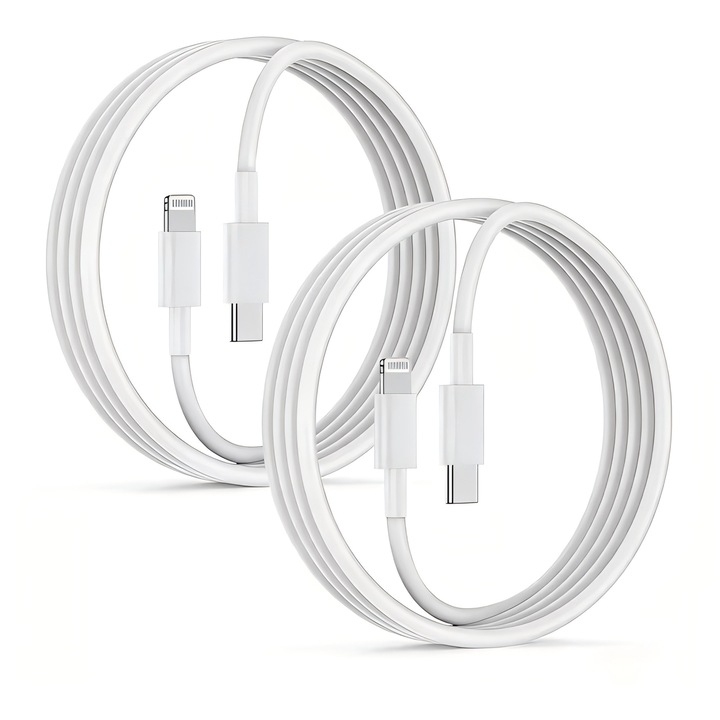 Set 2 Cabluri de Incarcare Rapida USB-C la Lightning, 2m, Alb, Compatibil cu iPhone 14, 13, 12, 11 Pro Max, Pro, XR, XS, X, SE, 8 Plus