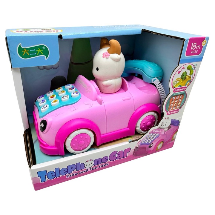 Interaktív rózsaszín kisautó telefonnal és hangokkal, Telephone Car oktatójáték gyerekeknek 18 hónapos kortól
