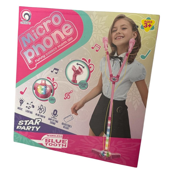 Microfon de Jucarie Interactiv cu Stativ Reglabil pentru Copii, Lumini si Bluetooth, Roz – Star Party 3+