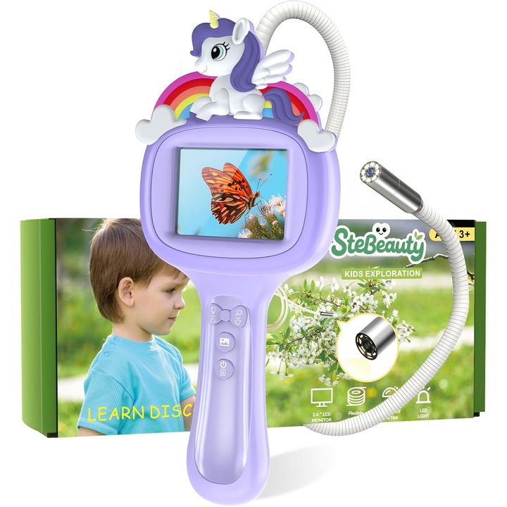 Детска ендоскопска камера 1080P с 2.4-инчов екран, регулируем LED, IP67 водоустойчива, 1м гъвкав кабел, 3X увеличение, USB-C, образователна STEM играчка за изследване на природата, лилава