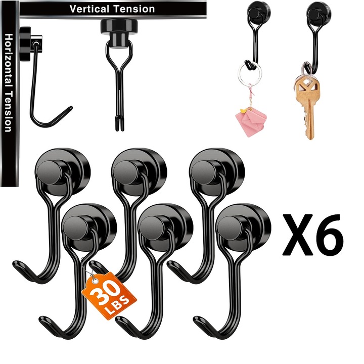 6 carlige, carlig magnetic magnetic de peste 30 lbs, Cabin Ship Essentials, rezistent, puternic, pentru frigider, agatat, pentru sala de clasa, bucatarie, gratare, umeras pentru cani
