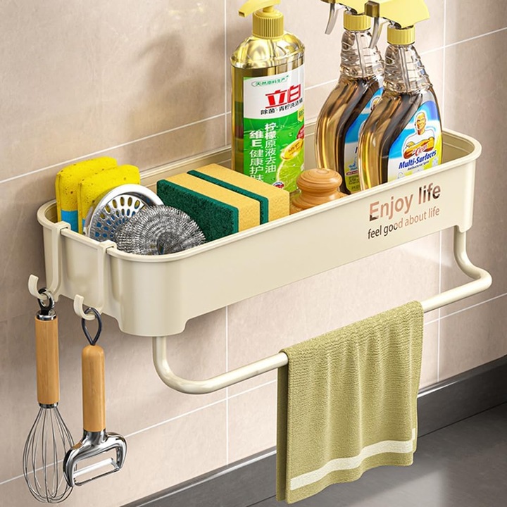 Organizator chiuveta bucatarie Sbomi, autoadeziv, 26.5 x 12.5 x 5.5 cm, suport burete si detergent, cu bara prosop si carlige, ABS, montare fara gaurire, drenaj rapid, alb