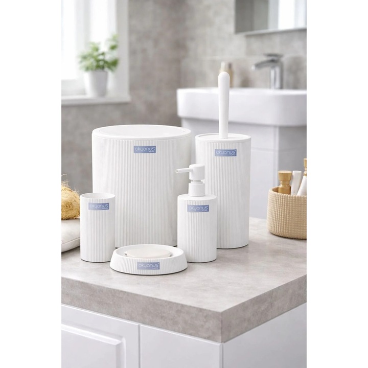 Tekzen Set accesorii baie 5 piese – dozator sapun, suport periute, perie WC, suport sapun si cos, alb