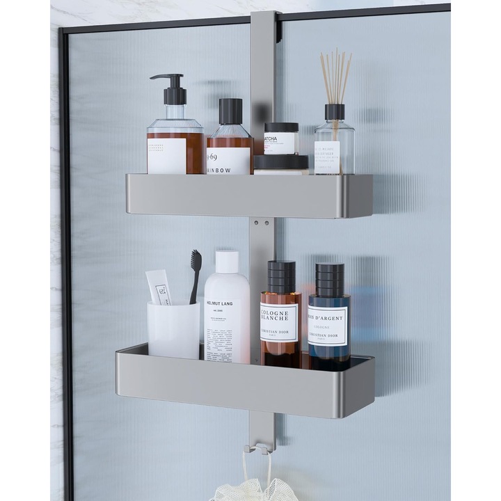 Etajera dus suspendata Kitsure, 2 niveluri, montaj pe usa fara gaurire, 29.1 x 11.2 x 55.3 cm, metal rezistent la rugina, organizator baie cu carlige, culoare Argintiu