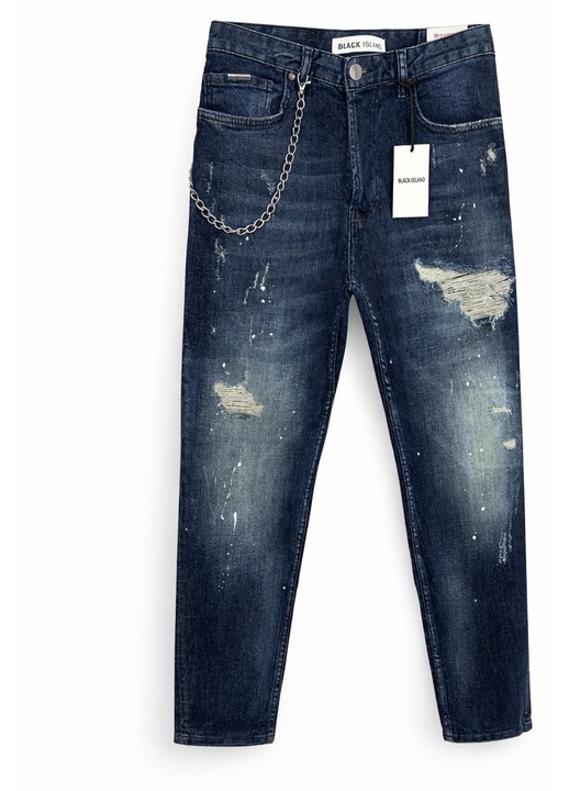 Blugi Barbati Regular Fit Albastru Distressed cu Lant – Jeans Streetwear Modern - 48 L-XL