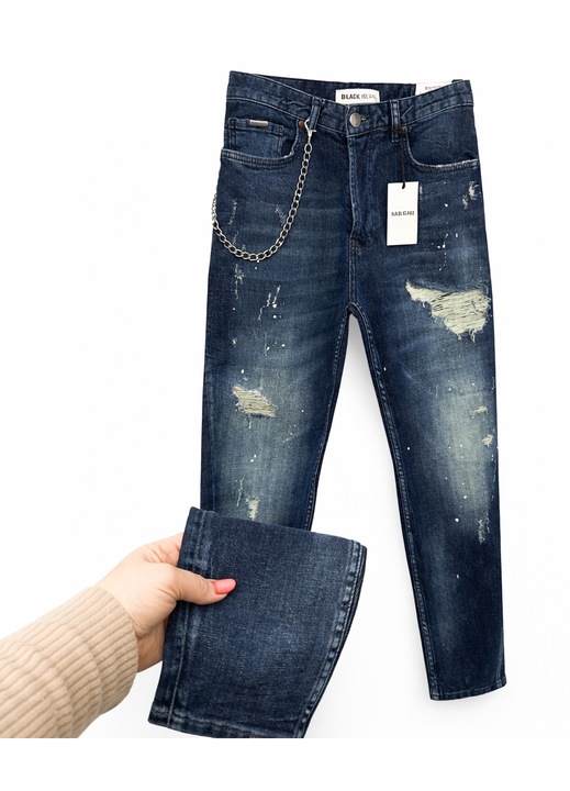 Blugi Barbati Regular Fit Albastru Distressed cu Lant – Jeans Streetwear Modern - 56 XXL