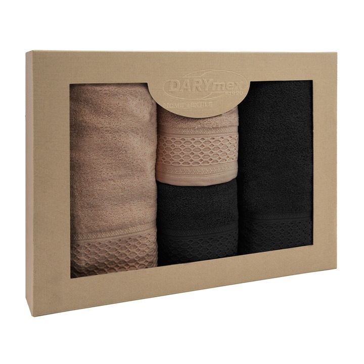 Set prosoape 4 piese Darymex, bej si negru, 50x90cm + 70x140cm