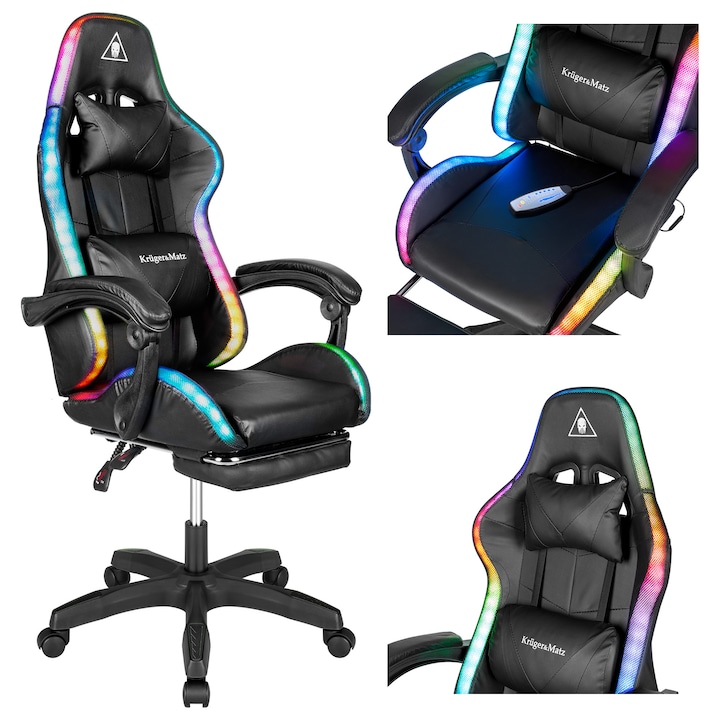 Fotel gaming, Kruger&Matz GX-150, iluminare LED RGB, masaj 7-puncte, negru