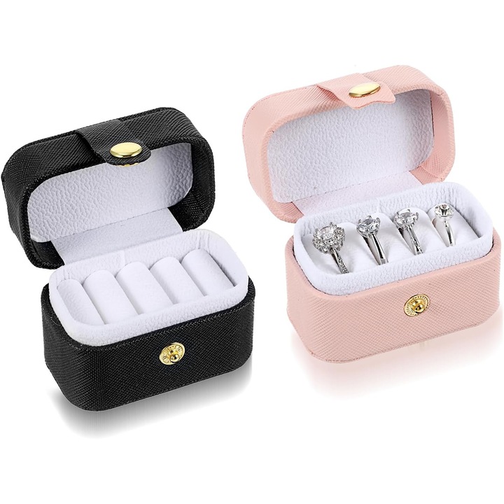 Cutie bijuterii calatorie, set 2 bucati, design compact, piele ecologica, pentru inele si cercei, dimensiuni mici