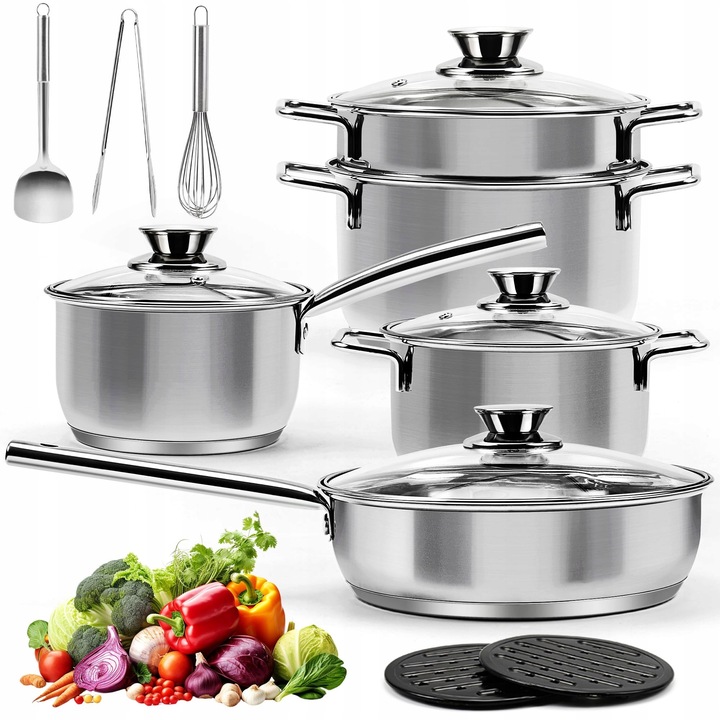 Set 14 piese oale din inox, cu capac din sticla, accesorii incluse, potrivit pentru toate tipurile de plite