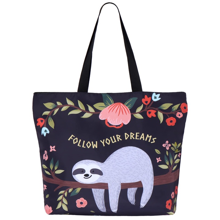 Geanta de cumparaturi cu grafica lenes, 43x35x10cm, din poliester, pliabila, cu fermoar, pentru femei