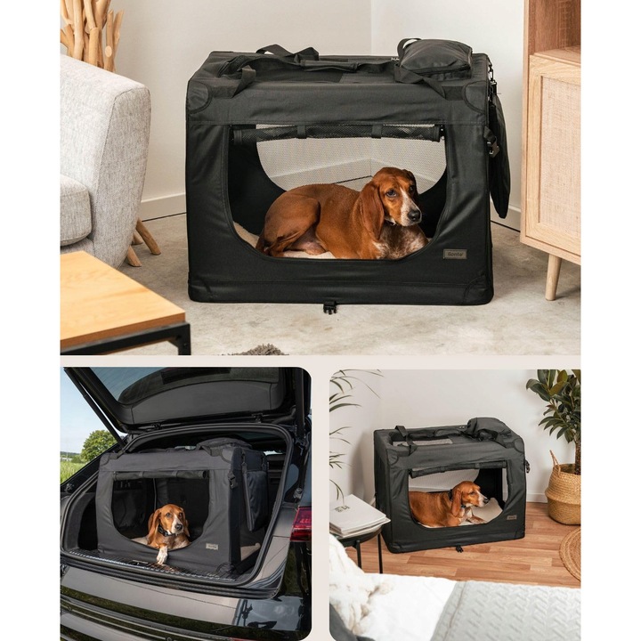 Transporter pentru animale Lionto, pliabil, 82x58x58 cm, negru, pentru caini si pisici pana la 18 kg, cu pernuta si curea de umar