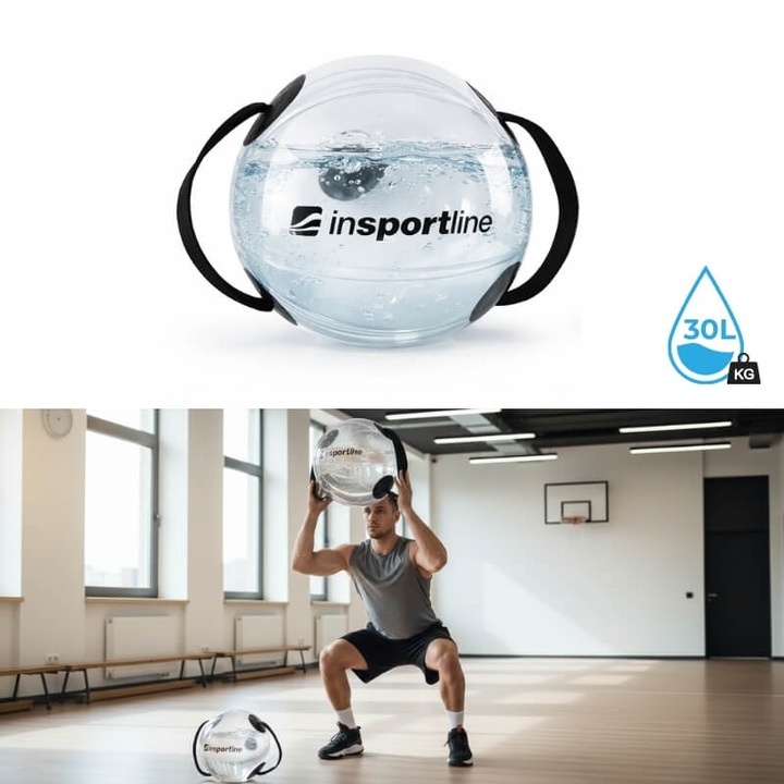 Фитнес топка inSPORTline Flowball, 40 см, макс. 30 кг, с вода, с дръжки