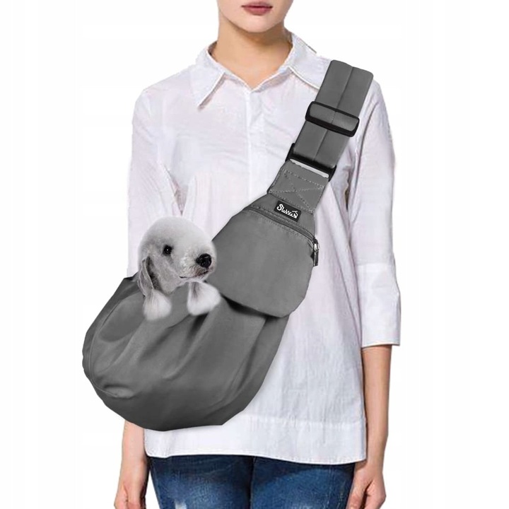 Torba pentru caini SlowTon, gri, cu curea reglabila si captusita, buzunar frontal, 45x90cm