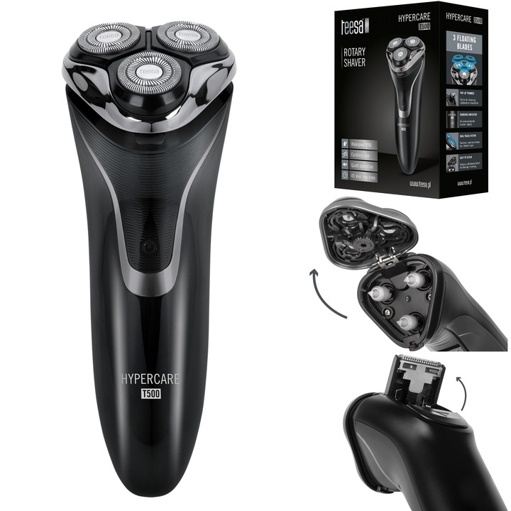 Teesa HYPERCARE T500 elektromos forgó borotva, 3 penge, akkumulátor, trimmer mellékelve