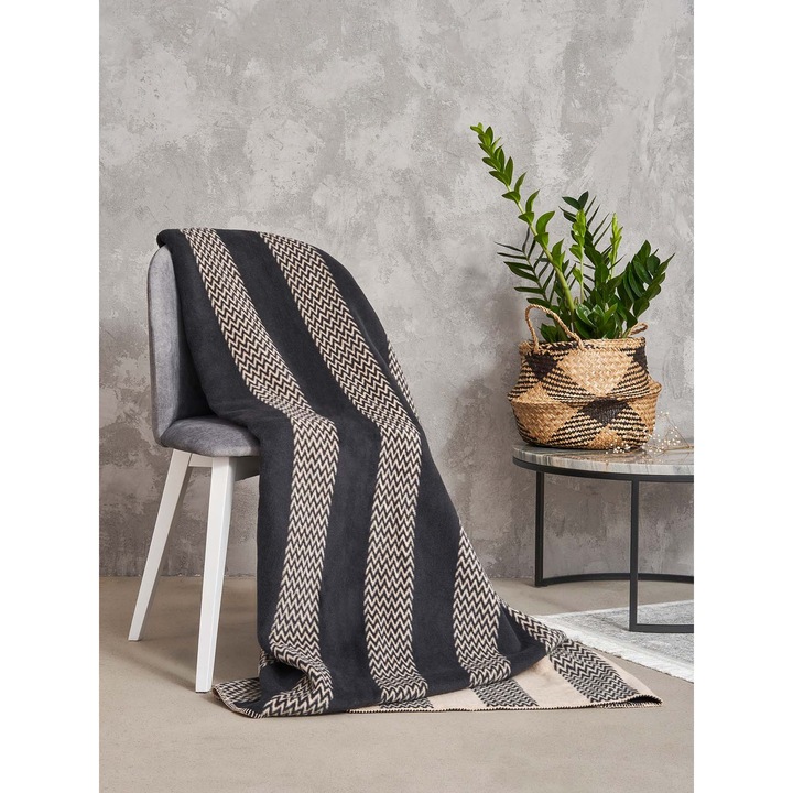 Patura din bumbac si acril, Unia, 150x200cm, bej-negru, design modern cu dungi si zigzaguri