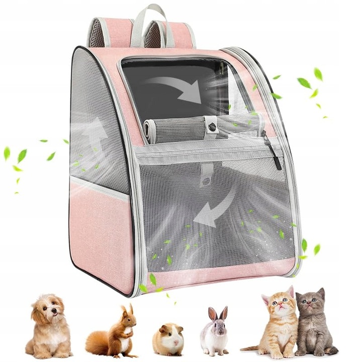 Rucsac pentru animale Pawaboo, roz, 40x33x28 cm, pentru pisici si caini pana la 10KG, cu plasa respirabila