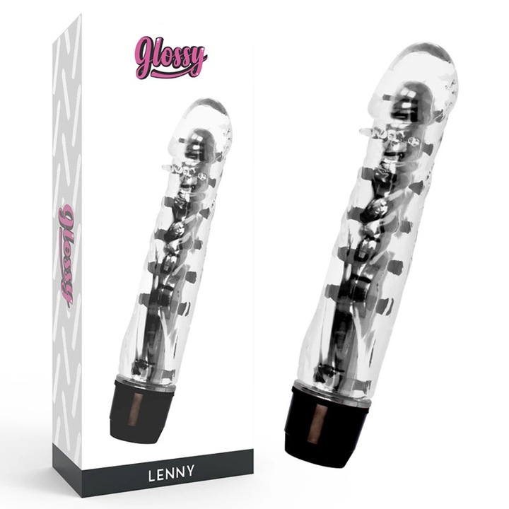 Vibrator Glossy Lenny, 14 cm, TPE Platinum, negru, waterproof
