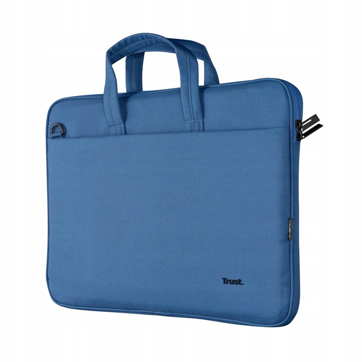 Geanta laptop Trust Bologna Slim Eco 16 inch, albastra, din plastic reciclat, cu curea reglabila