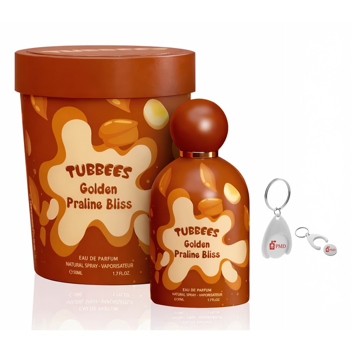 Tubbees Golden Praline Bliss, Grandeur Elite Gyermek Eau de Parfum Szett, 50ml, Személyre Szabott Kulcstartóval