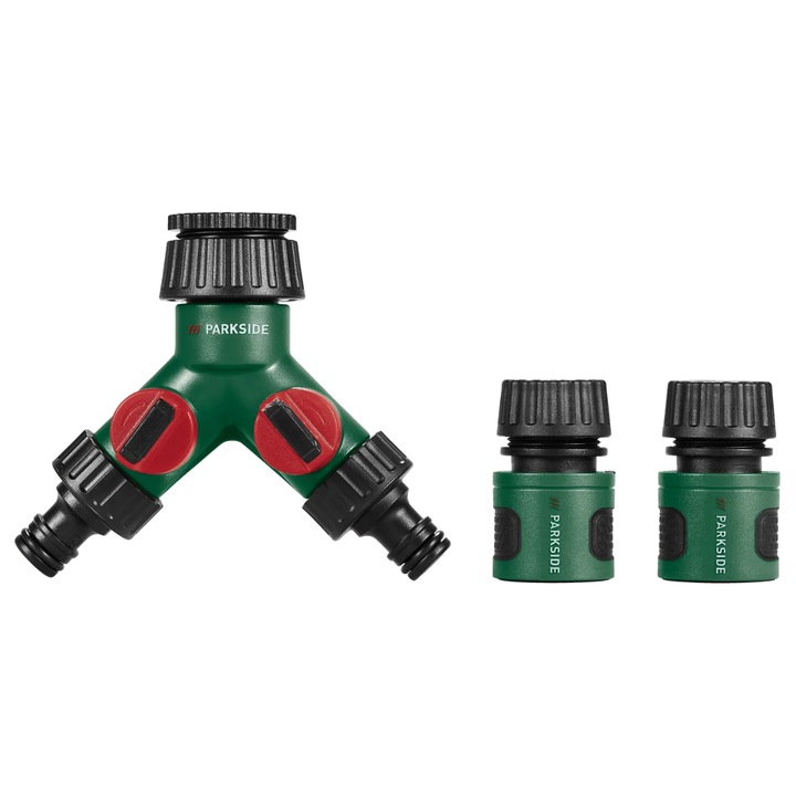 Set conector robinet 2 cai Parkside + 2 conectori furtun, Click System, 26.5 mm (G3/4") / 33.3 mm (G1")