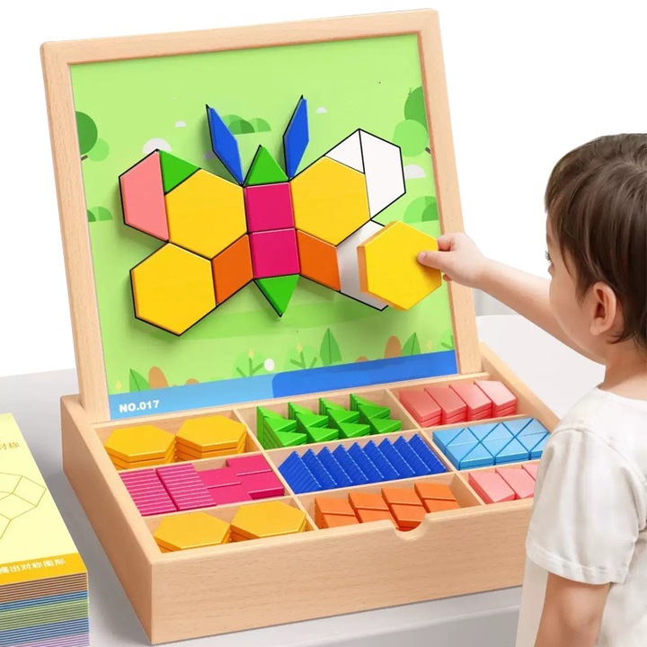 Jucarie Educativa Montessori de Tangram din Lemn, WANDAVICTA® Set 225 Bucati Blocuri Magnetice cu Cartele, Joc Educativ STEM pentru Copii 3-8 Ani, Cadou pentru Baieti si Fete 3, 4, 5, 6, 7, 8 Ani