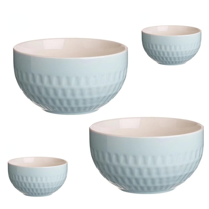 Set 4 boluri din portelan, model reliefat, alb/bleu, 630ml, 13.5x7.3cm