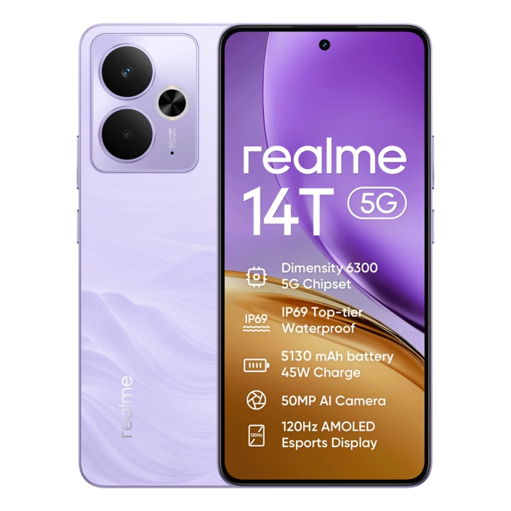 Telefon mobil realme 14T, Dual SIM, 8GB RAM, 256GB, 5G, Baterie Titan 5130mAh, IP69, 120Hz, violet