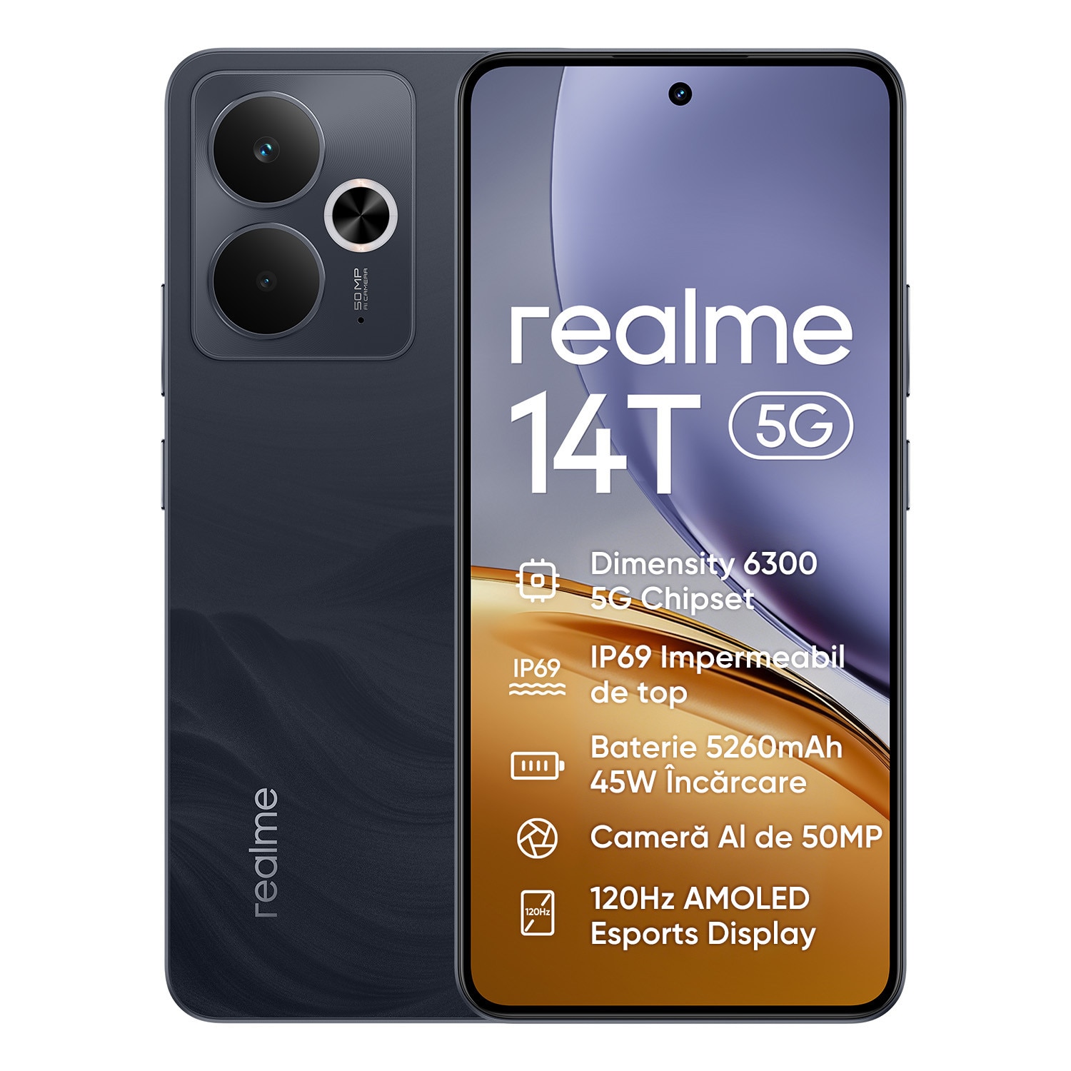 Telefon mobil realme 14T, Dual SIM, 8GB RAM, 256GB, 5G, Baterie Titan 5130mAh, IP69, 120Hz, negru