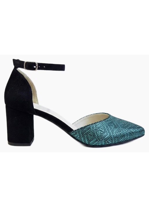 Sandale dama, SandAli, piele intoarsa, varf ascutit, toc masiv 6 cm, catarama, imprimeu Emerald Metallic, verde