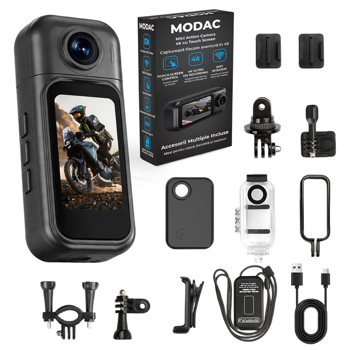 Camera Video Sport MODAC®, Ultra HD 4K, WiFi, Ecran LCD cu Touchscreen, Prindere Magnetica pentru Actiune, Autonomie Mare cu Charging Pod, Waterproof cu Carcasa, Conexiune USB-C, Suport Card 256GB, Kit Accesorii Inclus, Negru Mat