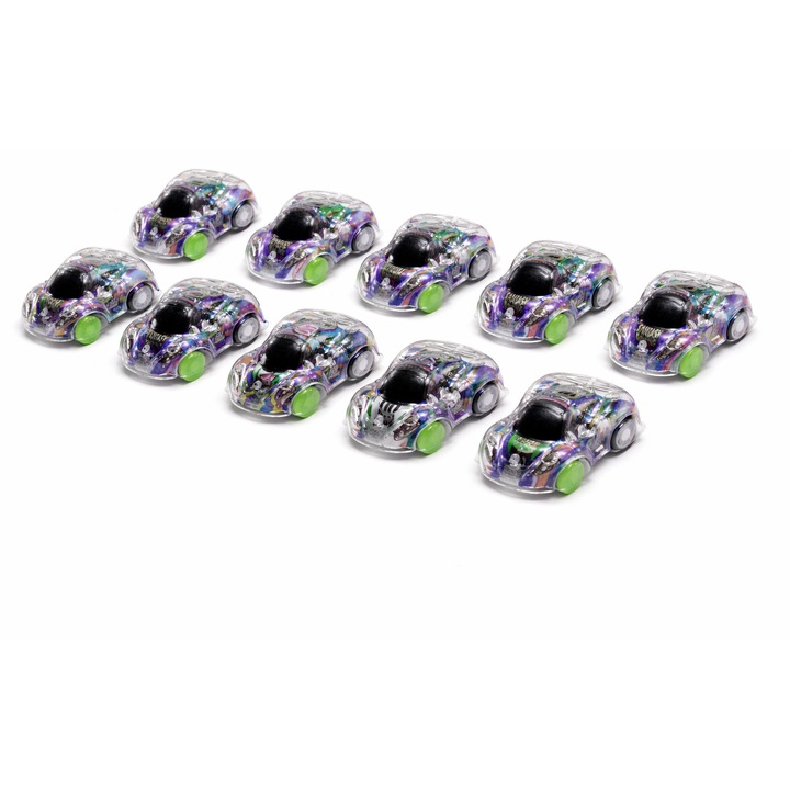 Set 10 Masinute Copii, Mini Masini de Jucarie cu Frictiune, Transparente, Multicolore, Roti Verzi, 4.5 cm, Jucarii Baieti, Cadou Copii, Mov, Dalimag