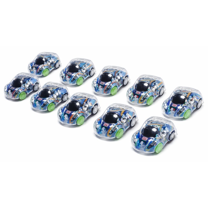 Set 10 Masinute Copii, Mini Masini de Jucarie cu Frictiune, Transparente, Multicolore, Roti Verzi, 4.5 cm, Jucarii Baieti, Cadou Copii, Albastru, Dalimag