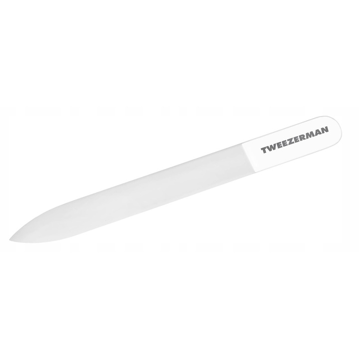 Pilnic de unghii din sticla Tweezerman, alb, set cu etui, dublu fata, reciclabil