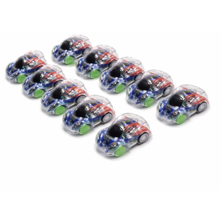 Set 10 Masinute Copii, Mini Masini de Jucarie cu Frictiune, Transparente, Multicolore, Roti Verzi, 4.5 cm, Jucarii Baieti, Cadou Copii, Albastru Inchis, Dalimag